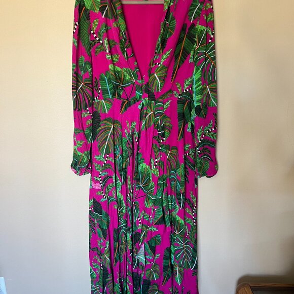 🌺 Farm Rio Leaves Pink Maxi Dress – Size XL – Deep V-Neck – 100% Viscose 🌺 - Picture 3 of 16